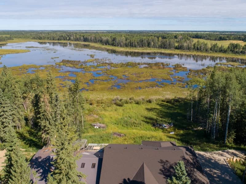 Aerial view of wildlife centre building and wetland