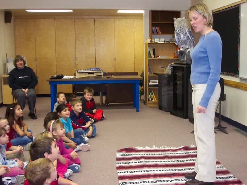 Woman educating school children with owl