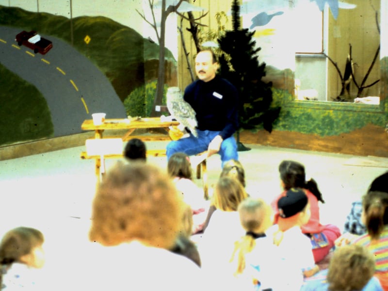 Man educating children with owl on arm